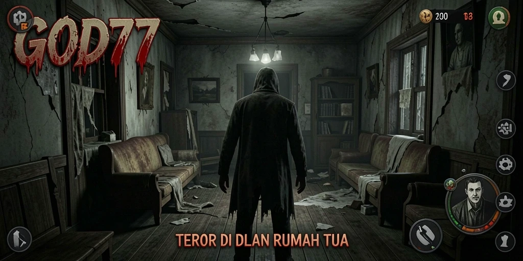 Antarmuka permainan GOD77 menampilkan suasana horor yang mencekam.